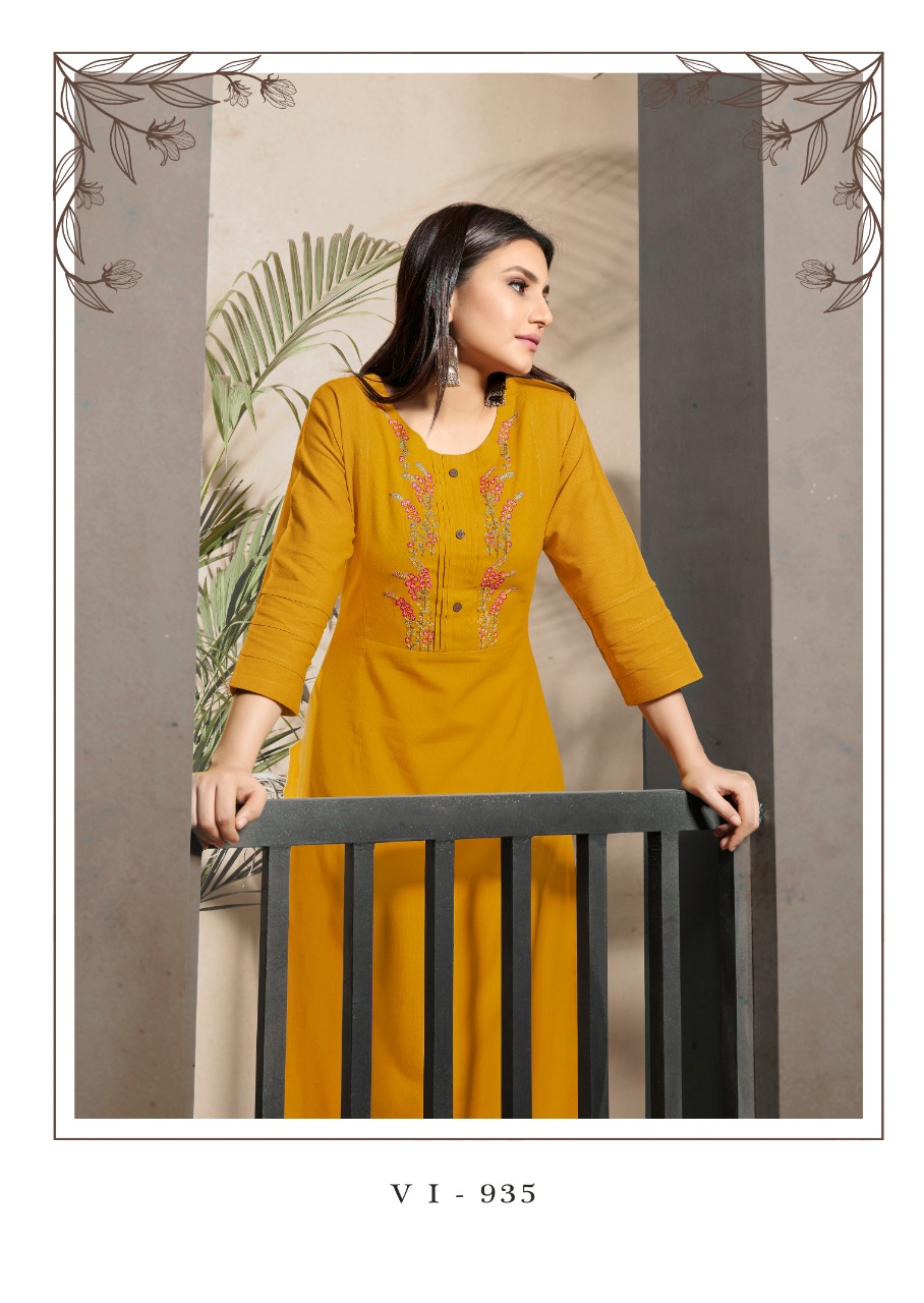 vink marigold 4 linen cotton handwork decent look kurti with plazzo catalog