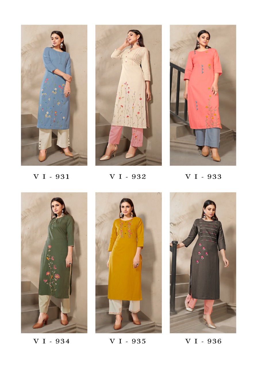 vink marigold 4 linen cotton handwork decent look kurti with plazzo catalog