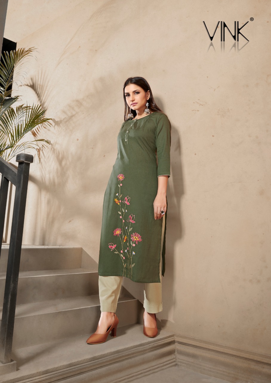 vink marigold 4 linen cotton handwork decent look kurti with plazzo catalog