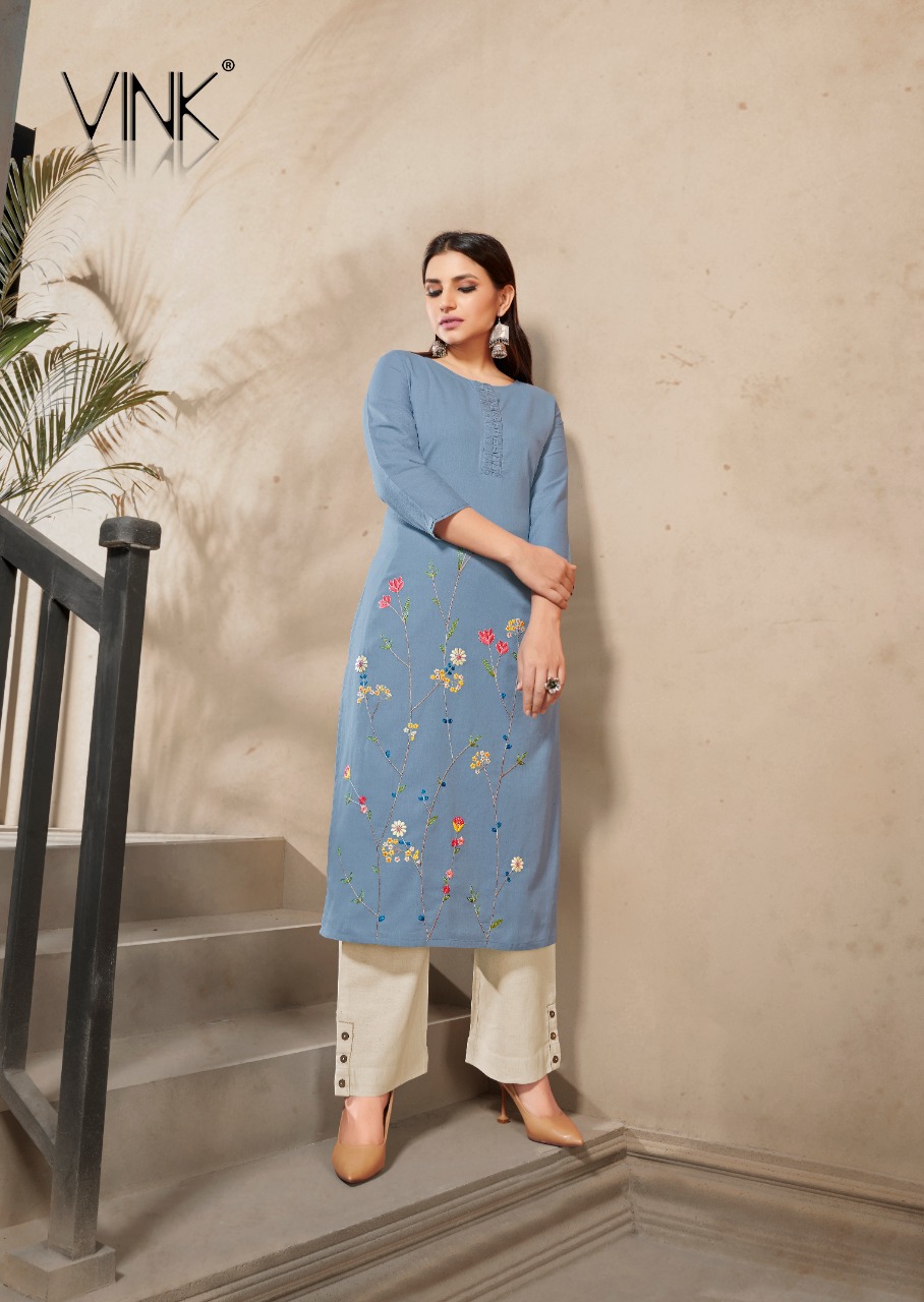 vink marigold 4 linen cotton handwork decent look kurti with plazzo catalog