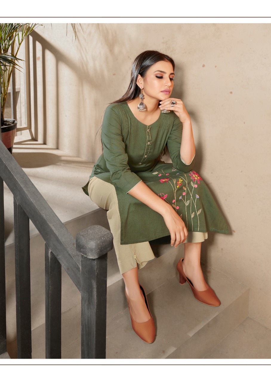 vink marigold 4 linen cotton handwork decent look kurti with plazzo catalog