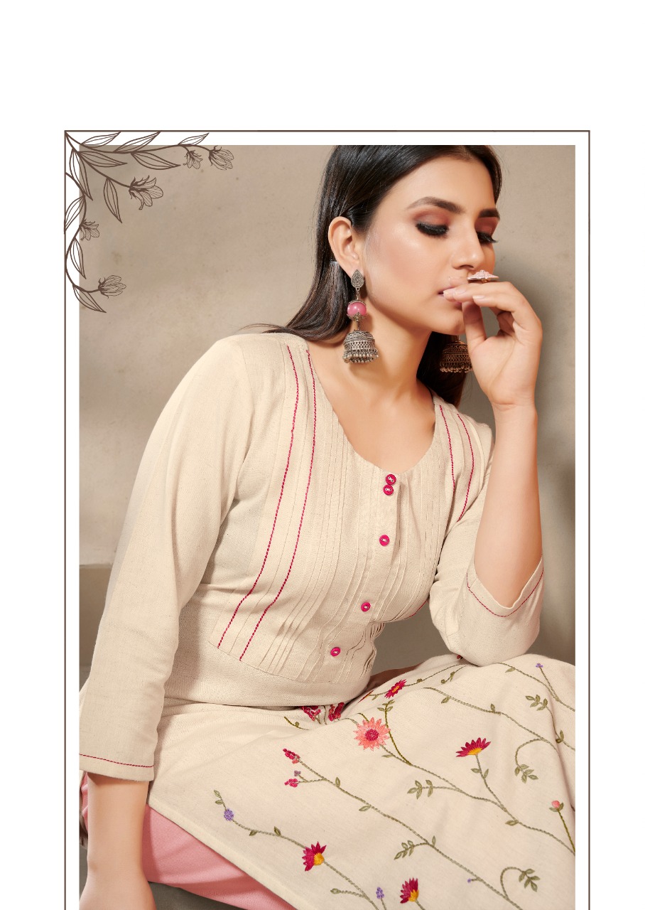 vink marigold 4 linen cotton handwork decent look kurti with plazzo catalog