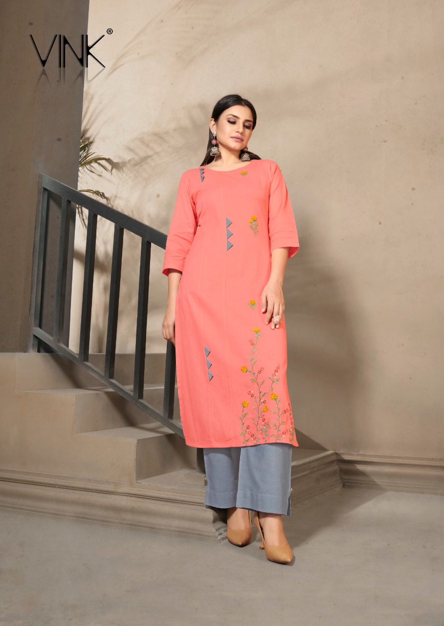 vink marigold 4 linen cotton handwork decent look kurti with plazzo catalog