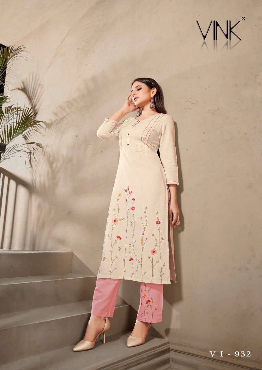 vink marigold 4 linen cotton handwork decent look kurti with plazzo catalog