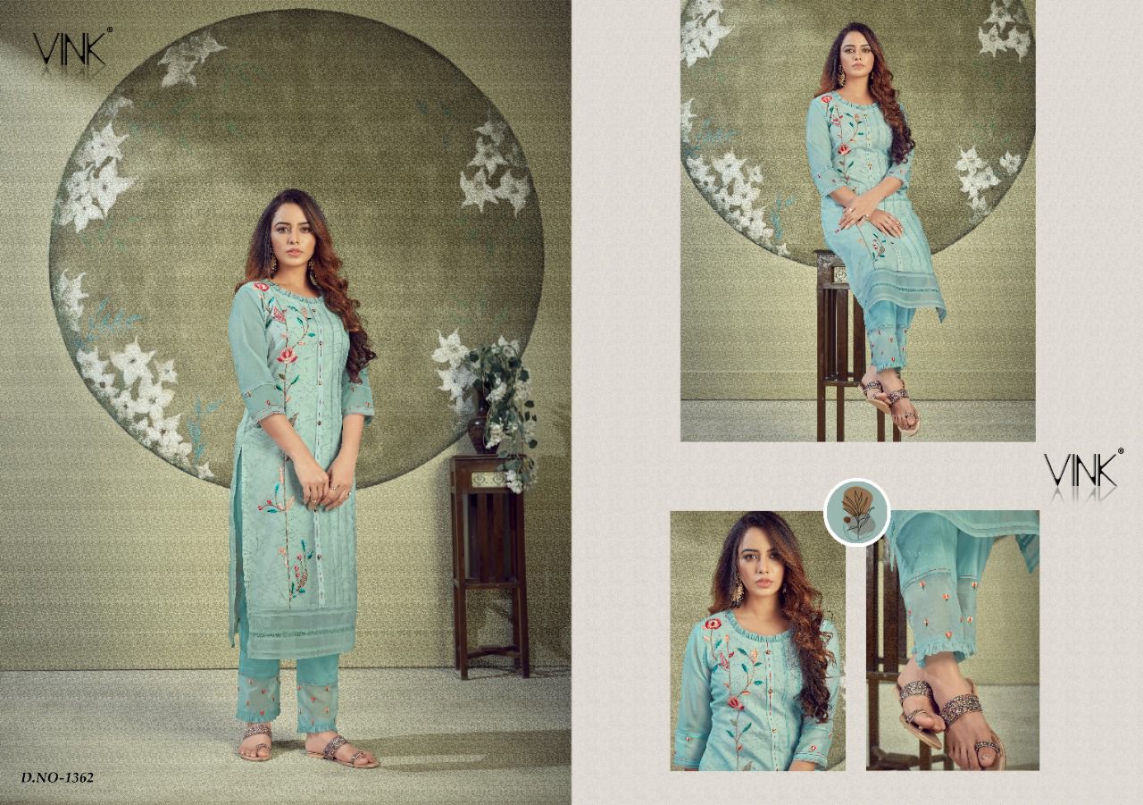 vink platinum vol 3 organza decent  look kurti with pant catalog