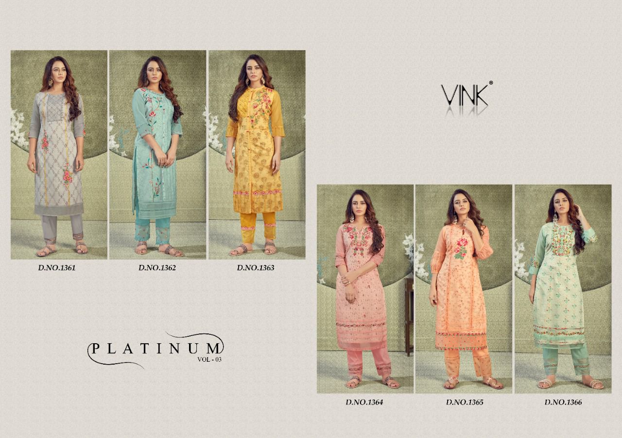 vink platinum vol 3 organza decent  look kurti with pant catalog