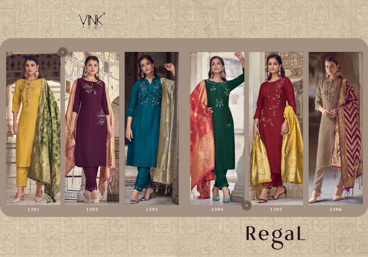 vink regal silk classic trendy look top with pant and dupatta catalog