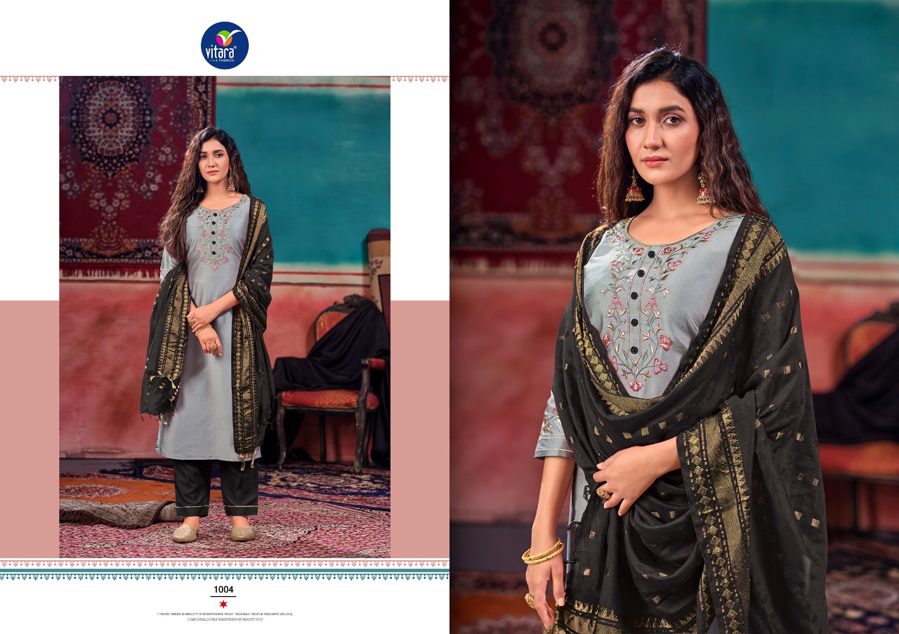 vitara fashion sparkle velvel gorgeous look top with pant and dupatta catalog