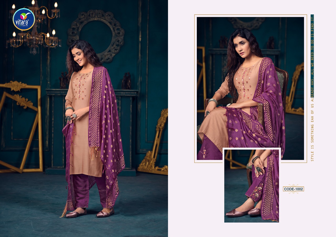 vitra fashion rapid muslin regal look top pant with dupatta catalog