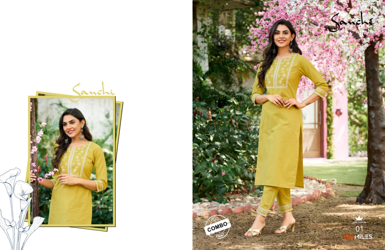 100 miles Sanchi cotton elegant kurti with pant catalog