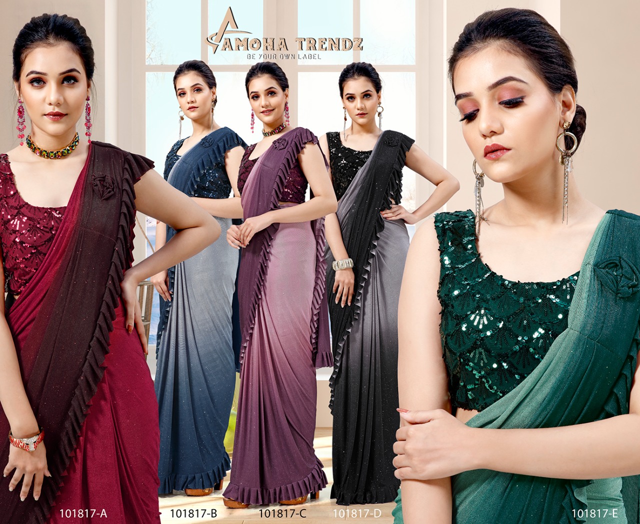 amoha trendz Design No 101817 Imported lycra elegant look saree catalog