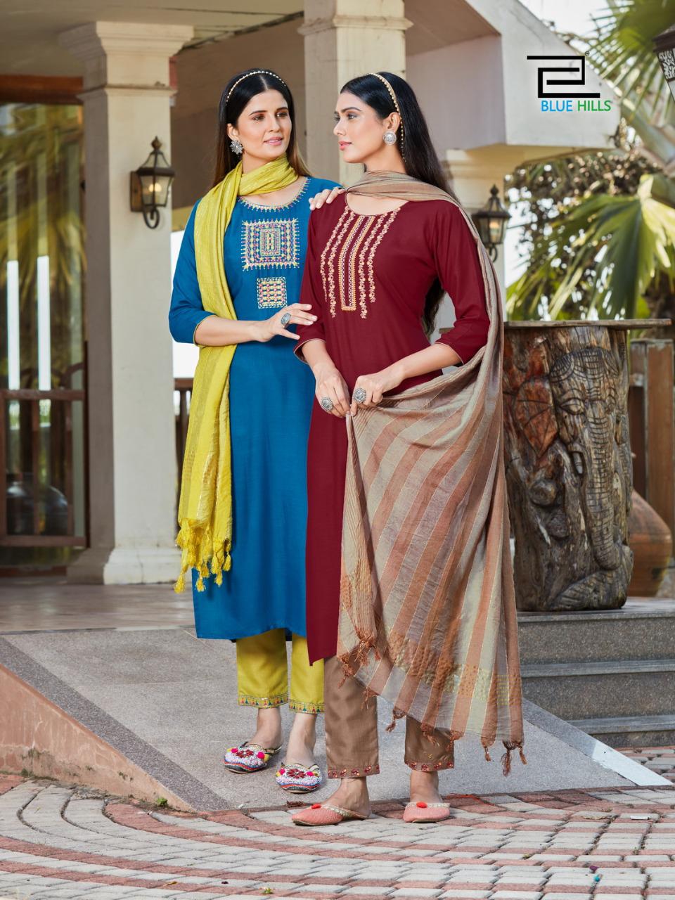 blue hills shiddat vol 1 rayon classic trendy look top bottom with dupatta catalog