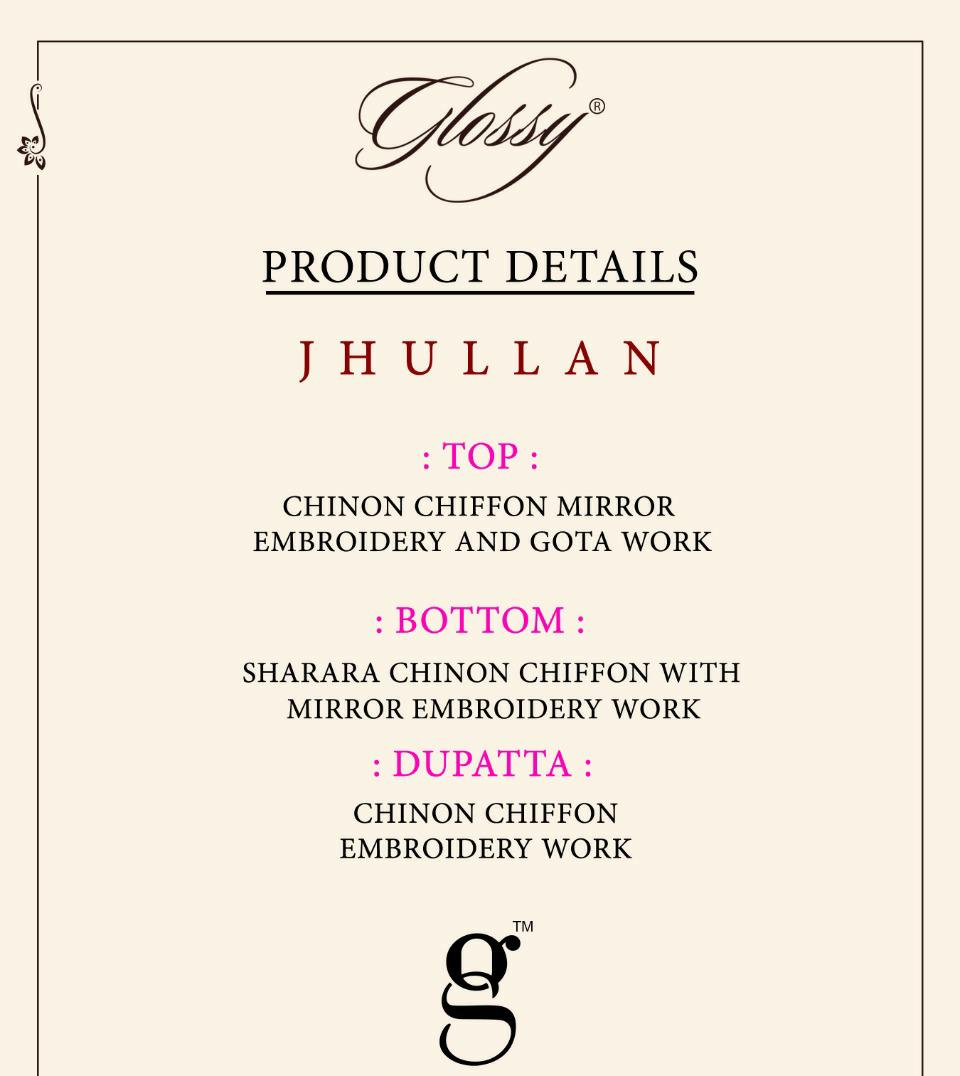 glossy jhullan chiffon decent embroidary look salwar suit catalog