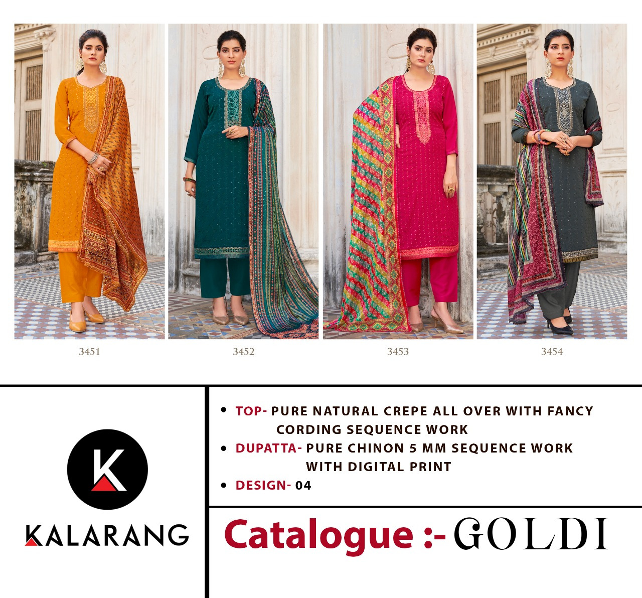 kalarang goldi crepe regal look salwar suit catalog