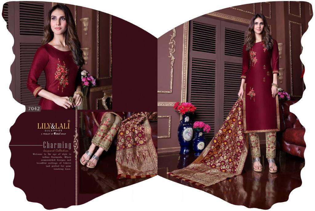 lily and lali meenakari silk classic trendy look top bottom with dupatta catalog