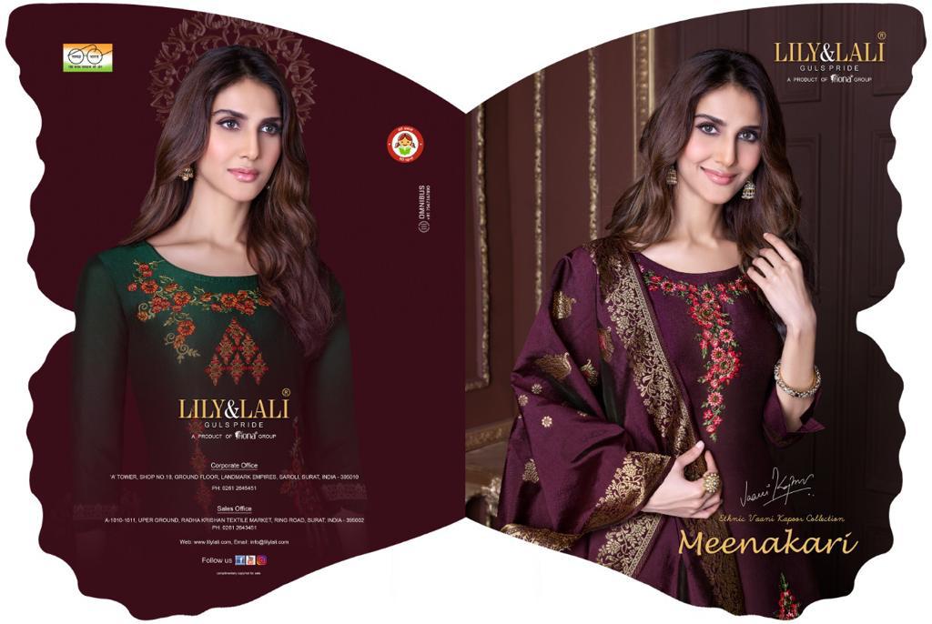 lily and lali meenakari silk classic trendy look top bottom with dupatta catalog