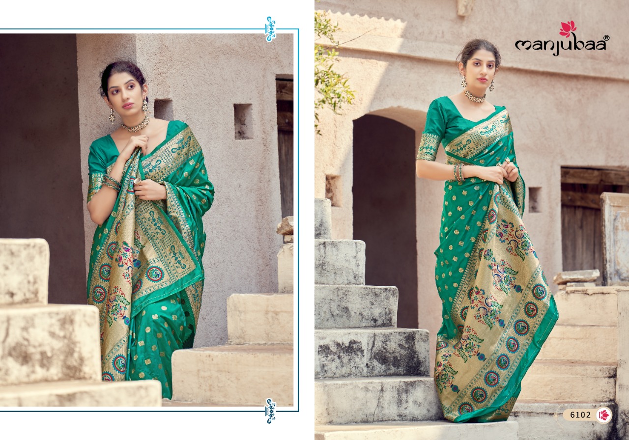 manjubaa mayuri paithani 6101 to 6108 silk regal look saree catalog