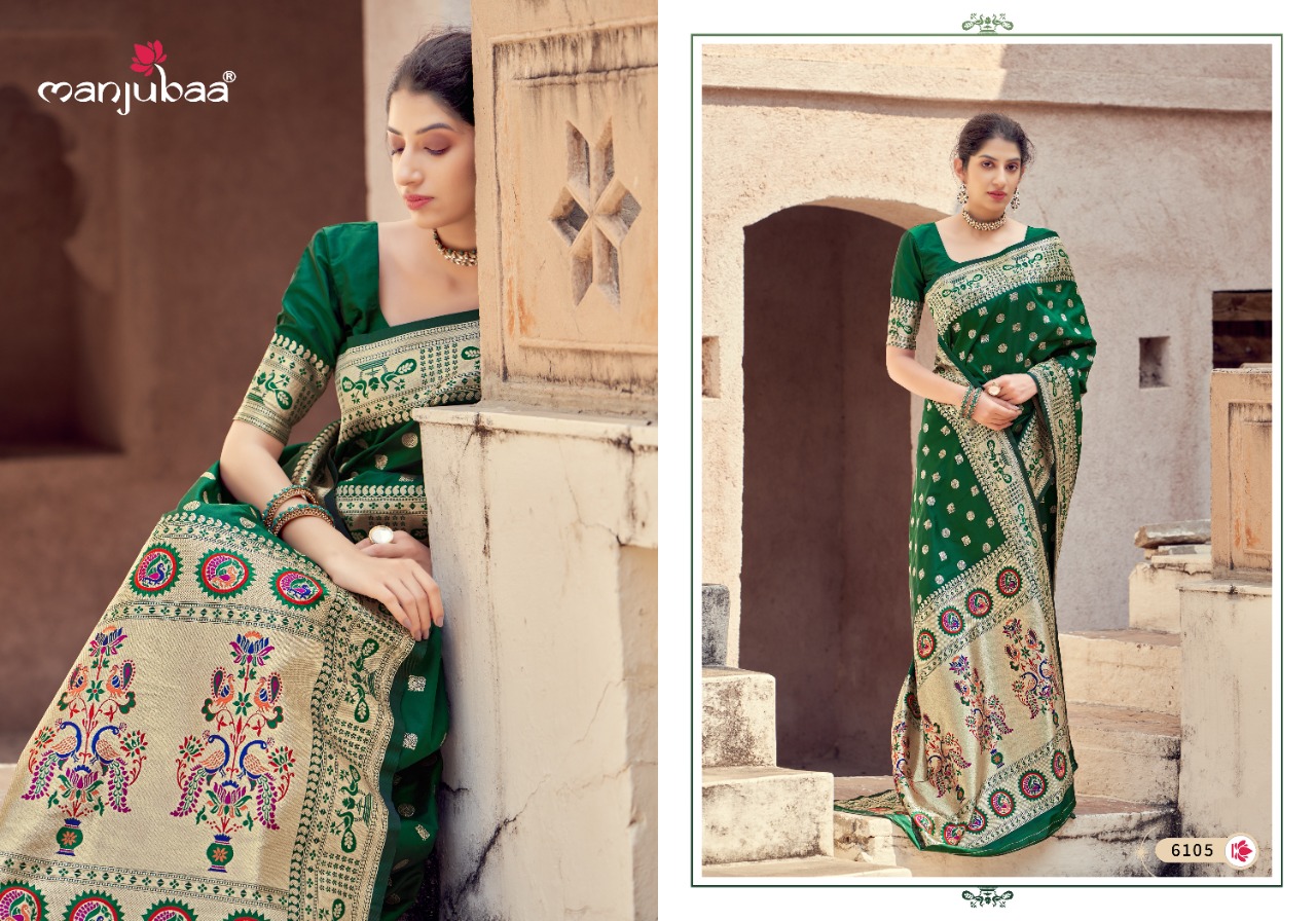 manjubaa mayuri paithani 6101 to 6108 silk regal look saree catalog