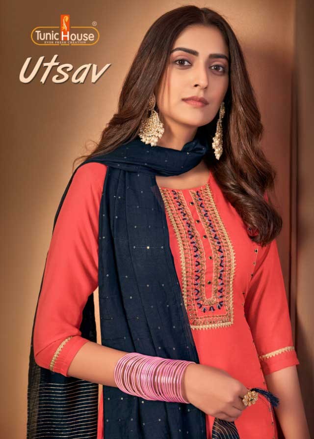 tunic house utsav fancy silk exclusive pattern top bottom with dupatta catalog