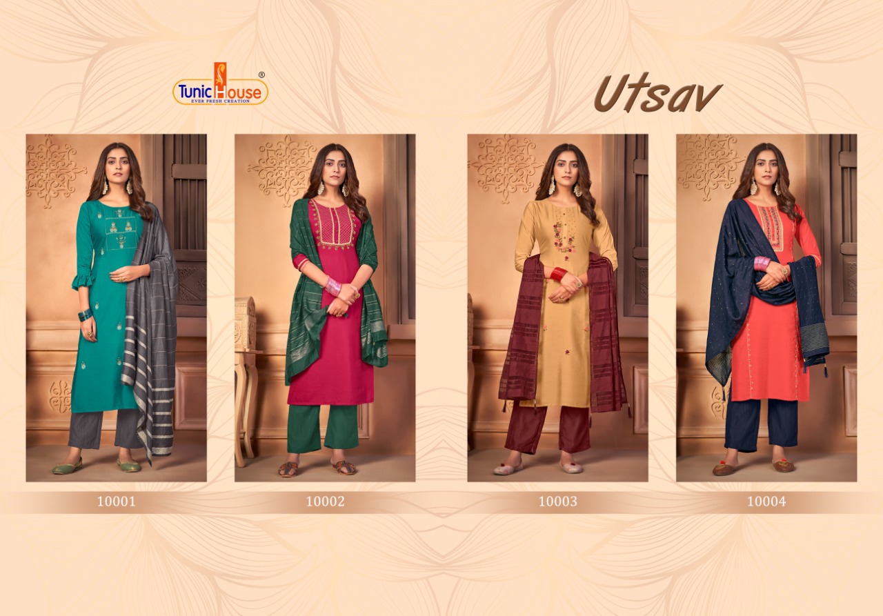 tunic house utsav fancy silk exclusive pattern top bottom with dupatta catalog