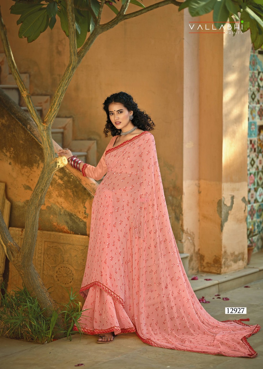 vallabhi print morpankh georgette attractive print saree catalog