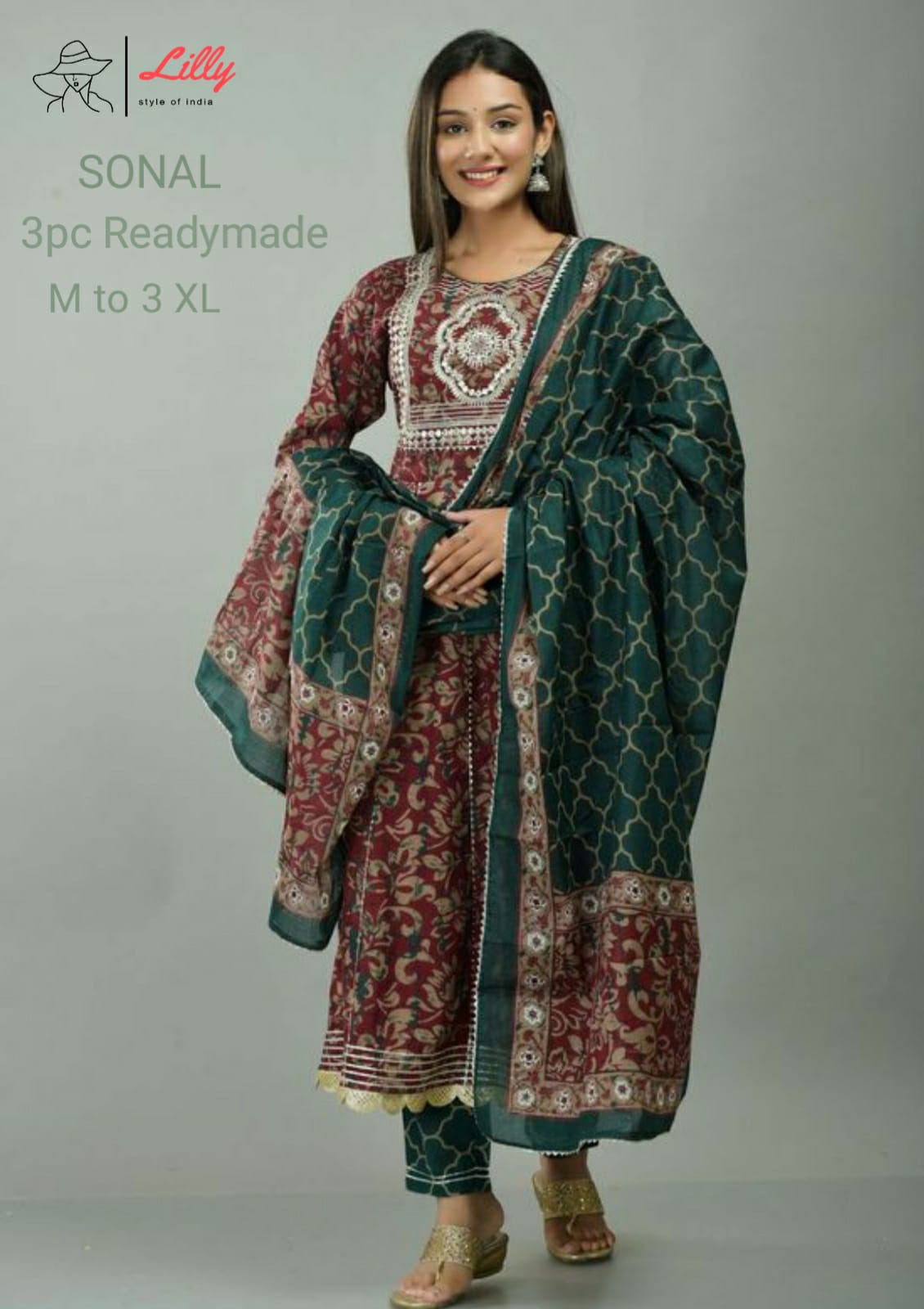 Lilly style of india sonal cotton exclusive febric top with pant and dupatta size set