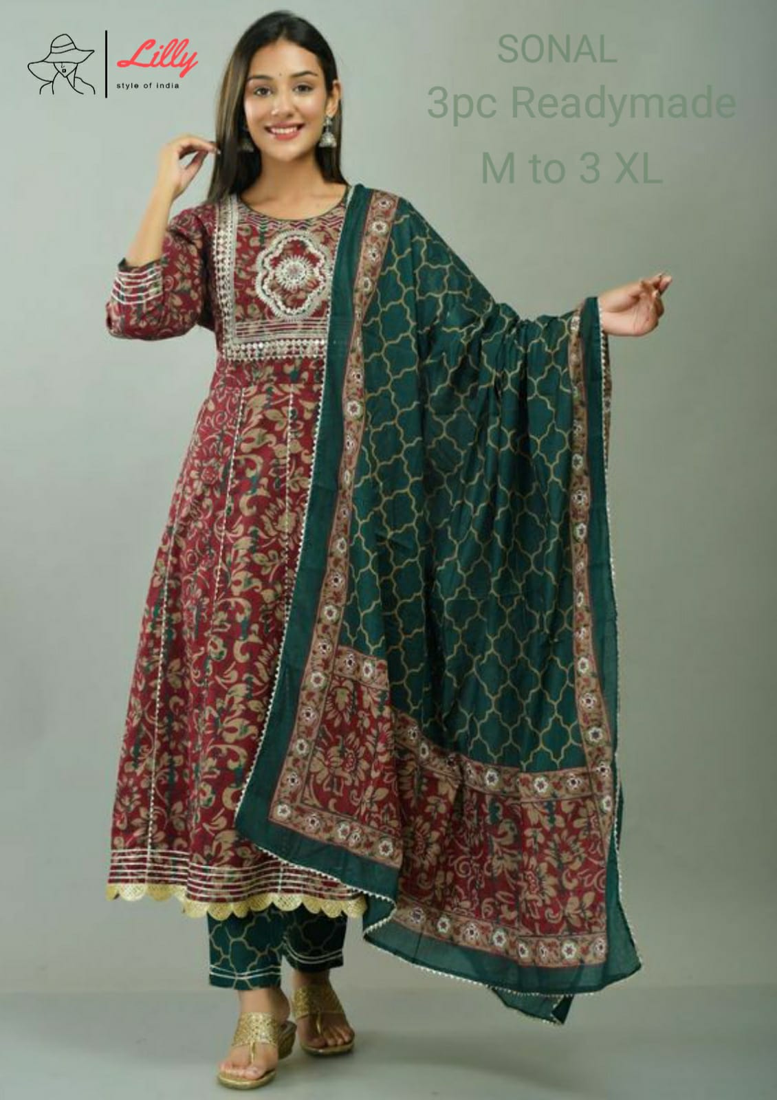 Lilly style of india sonal cotton exclusive febric top with pant and dupatta size set