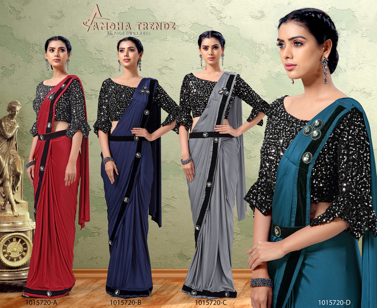 amoha trenza Design No 1015720 Imported Lycra innovative look saree catalog