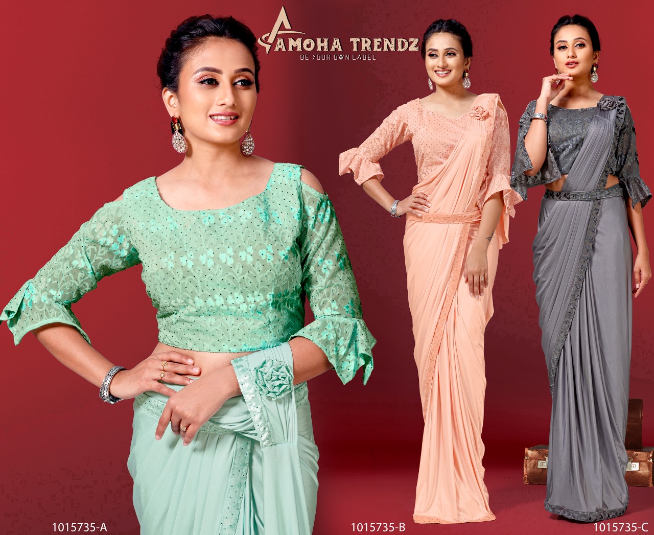 amoha trenza Design No 1015735 Imported Lycra innovative look saree catalog