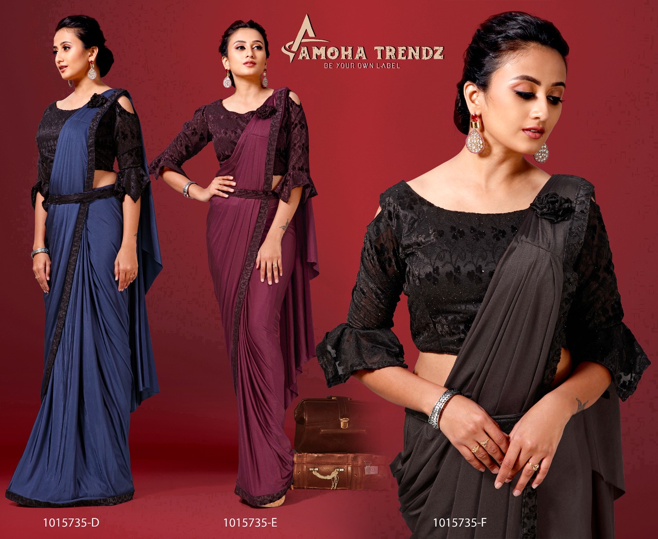 amoha trenza Design No 1015735 Imported Lycra innovative look saree catalog