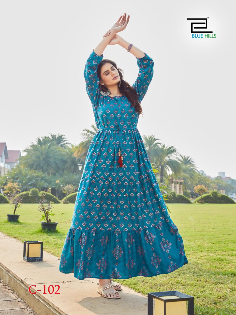 Blue hills chorri rayon classic trendy look long kurti catalog