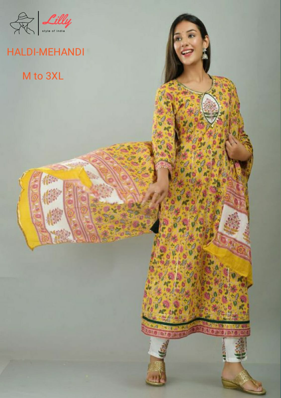 Lilly style of india haldi mehndi cotton decent print top with Bottom dupatta size set