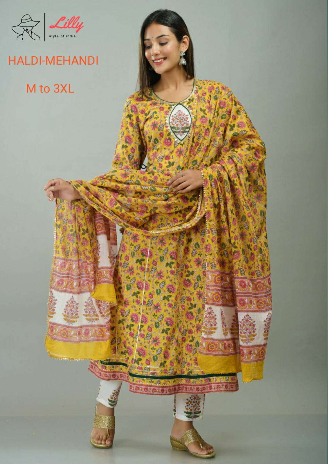 Lilly style of india haldi mehndi cotton decent print top with Bottom dupatta size set