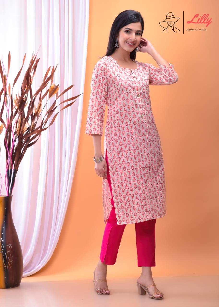 Lilly style of india nena 7 pure mal Cotton kurti Sanganeri print decent look and print top with pant size set