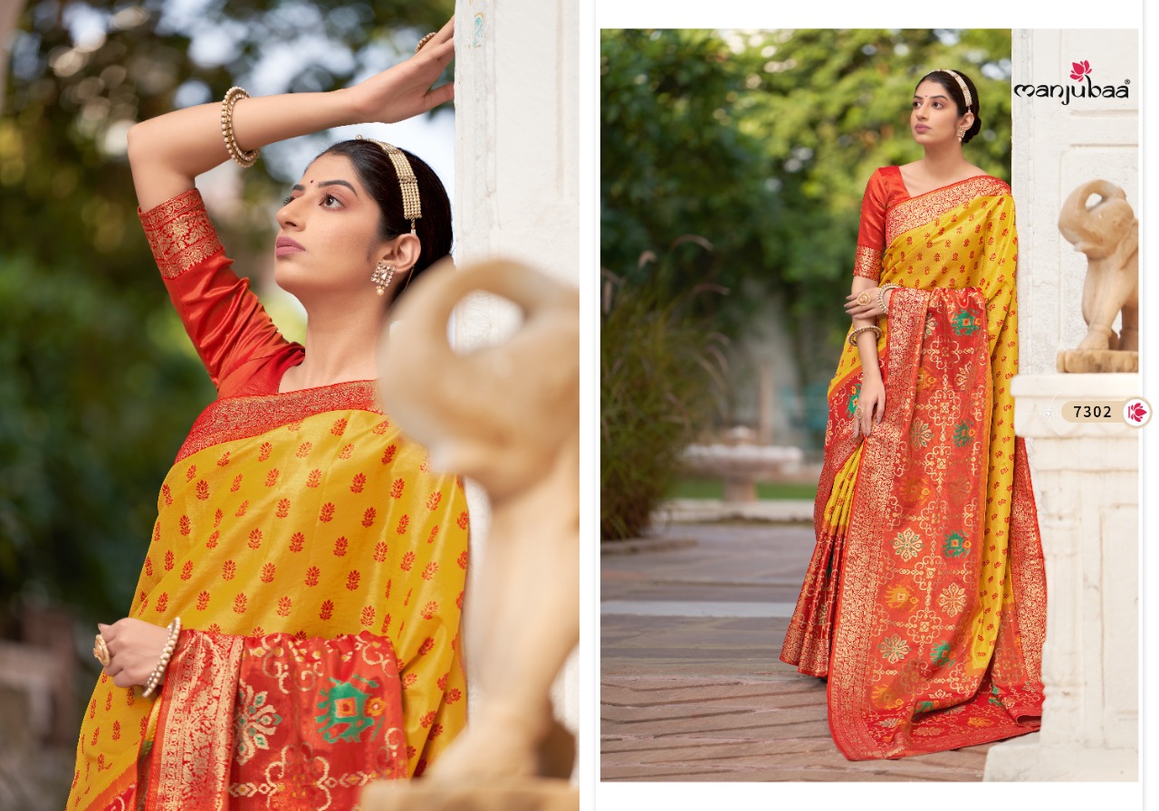 manjubaa mahalaxmi silk 7301 to 7306 kanjeevaram silk regal look saree catalog