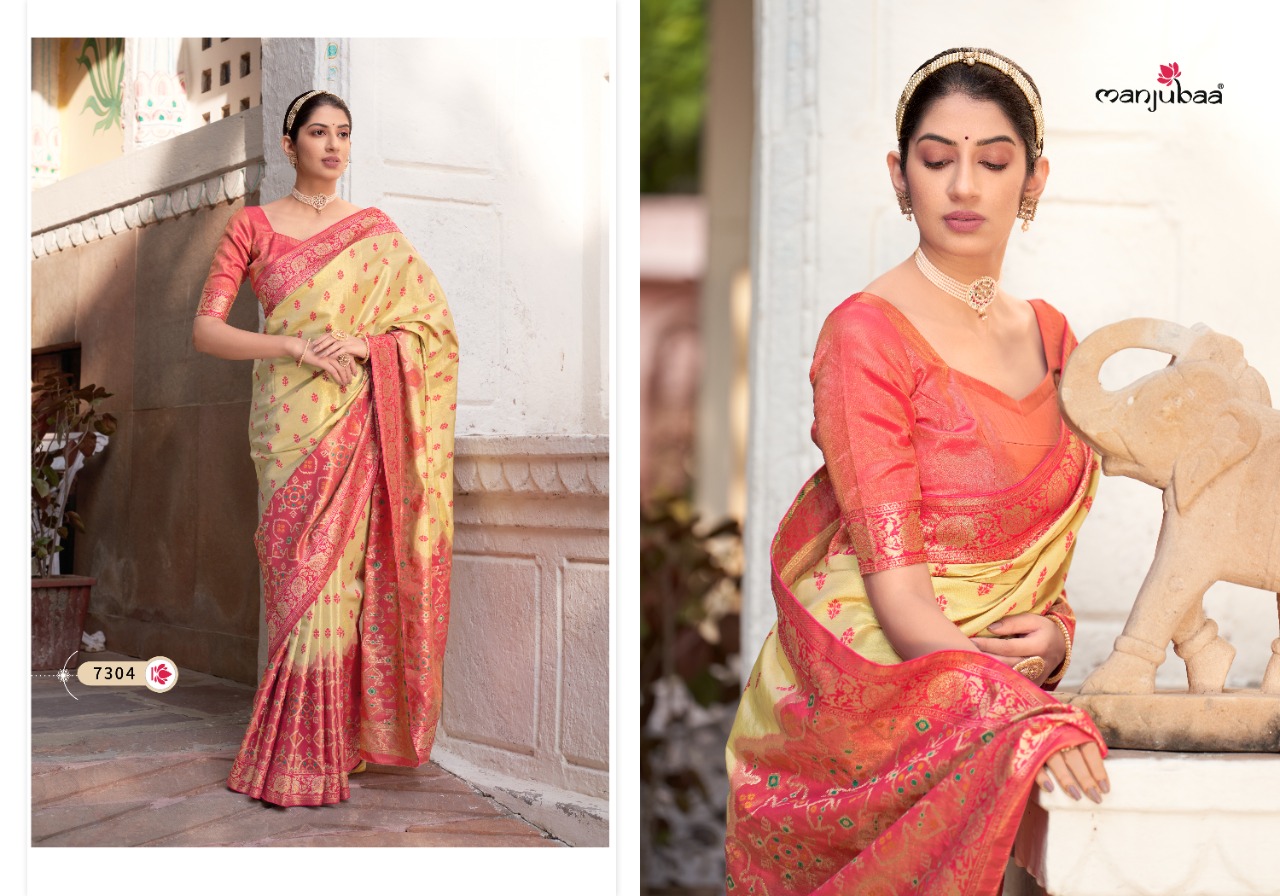 manjubaa mahalaxmi silk 7301 to 7306 kanjeevaram silk regal look saree catalog