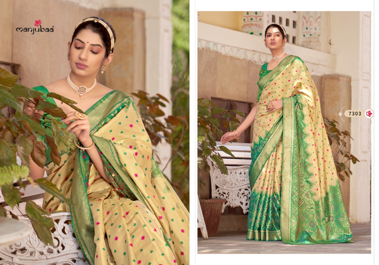 manjubaa mahalaxmi silk 7301 to 7306 kanjeevaram silk regal look saree catalog