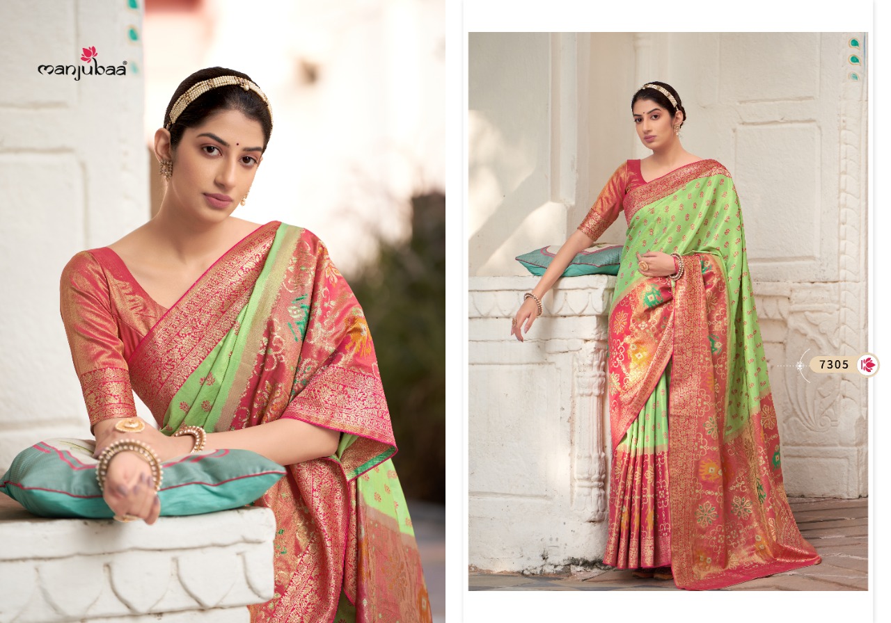 manjubaa mahalaxmi silk 7301 to 7306 kanjeevaram silk regal look saree catalog