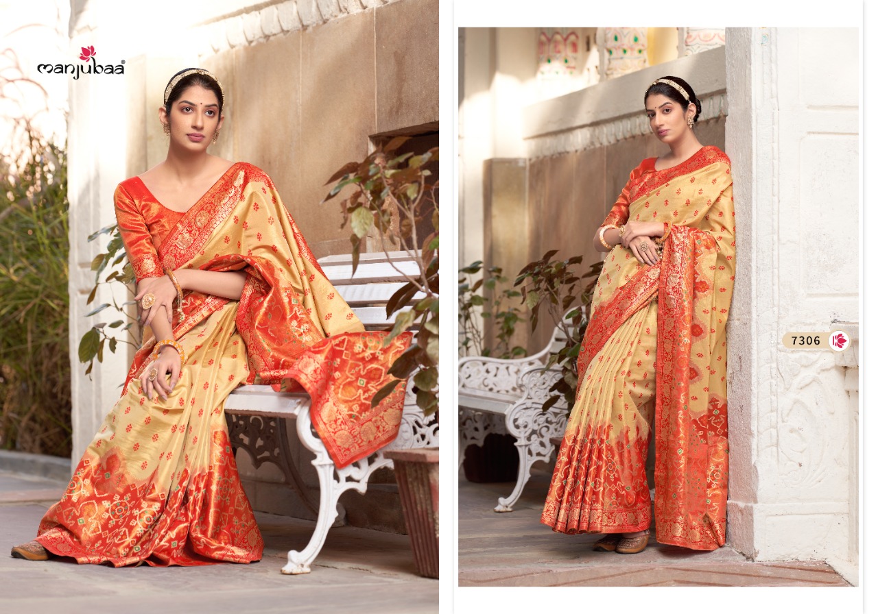 manjubaa mahalaxmi silk 7301 to 7306 kanjeevaram silk regal look saree catalog