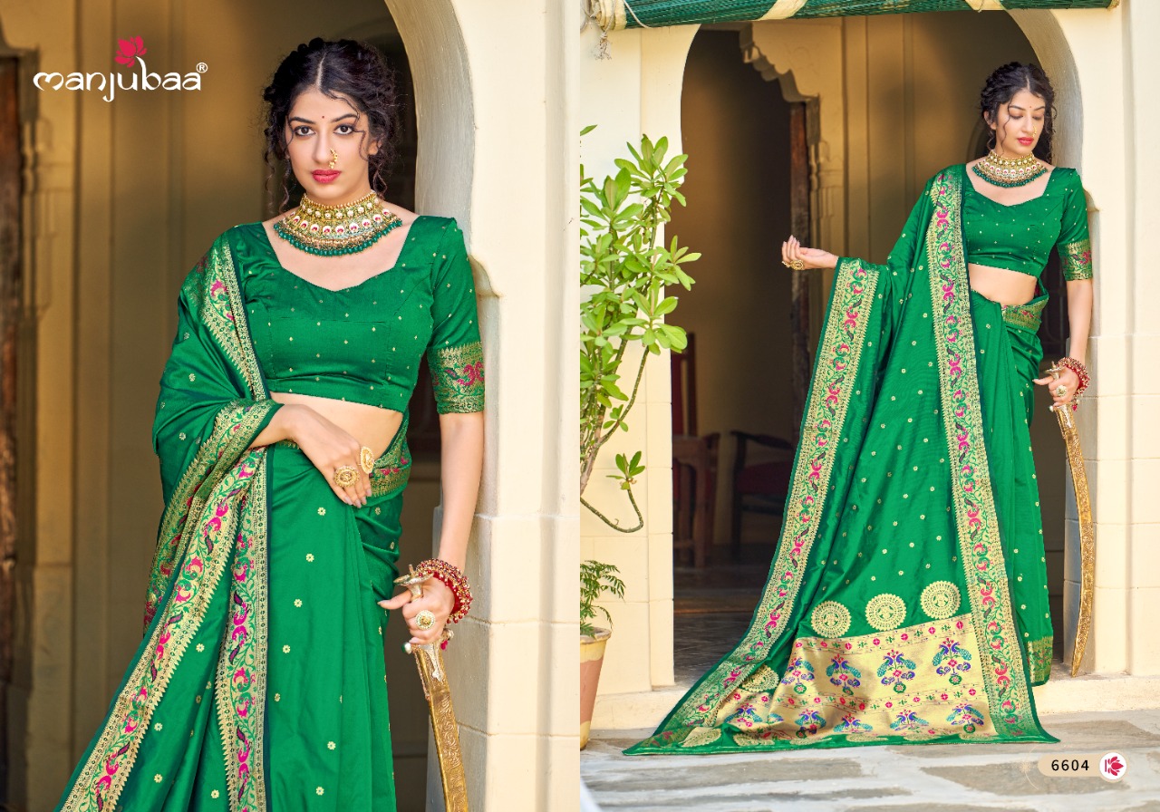 manjubaa Maharani Paithani Series 6601 To 6606 silk regal look saree catalog