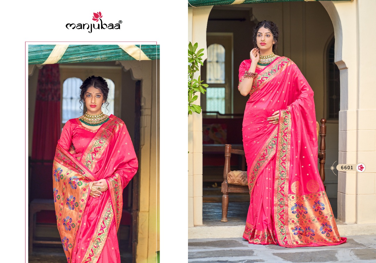 manjubaa Maharani Paithani Series 6601 To 6606 silk regal look saree catalog