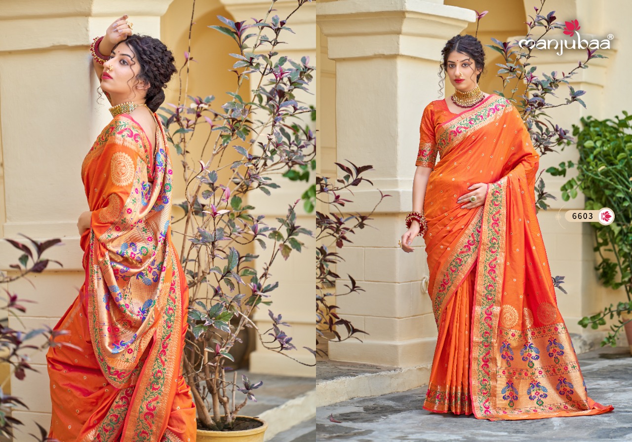 manjubaa Maharani Paithani Series 6601 To 6606 silk regal look saree catalog