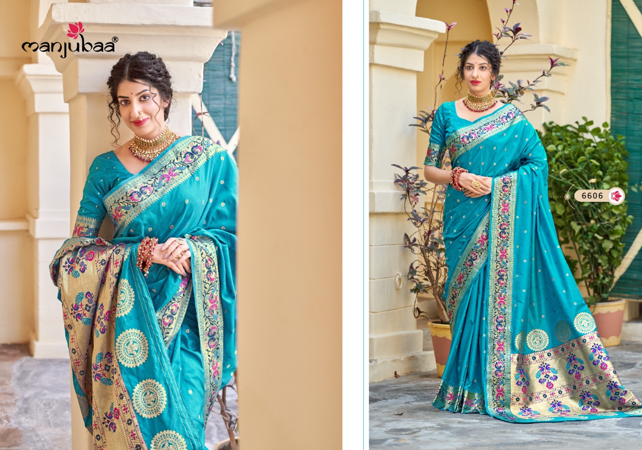 manjubaa Maharani Paithani Series 6601 To 6606 silk regal look saree catalog