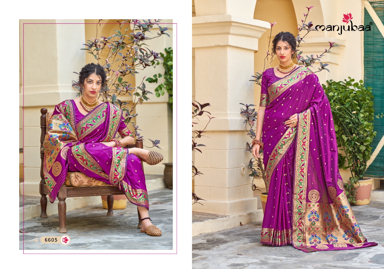 manjubaa Maharani Paithani Series 6601 To 6606 silk regal look saree catalog