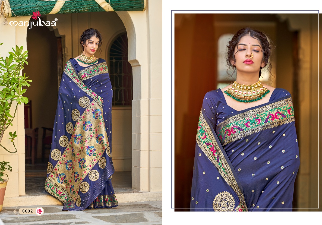 manjubaa Maharani Paithani Series 6601 To 6606 silk regal look saree catalog