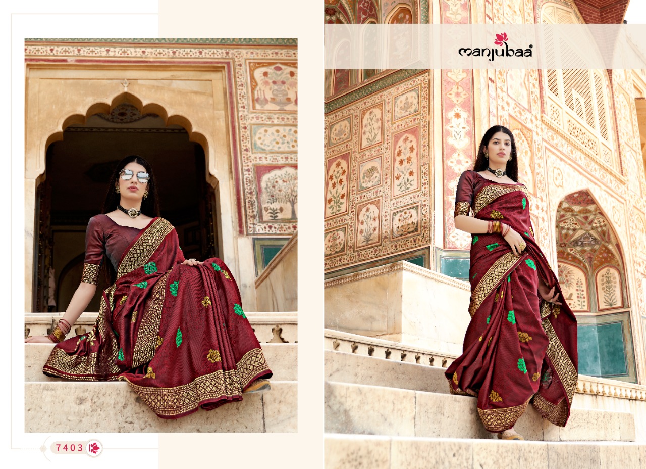 manjubaa manorama silk 7401 to 7406  Soft Banarasi Satin Silk regal look saree catalog