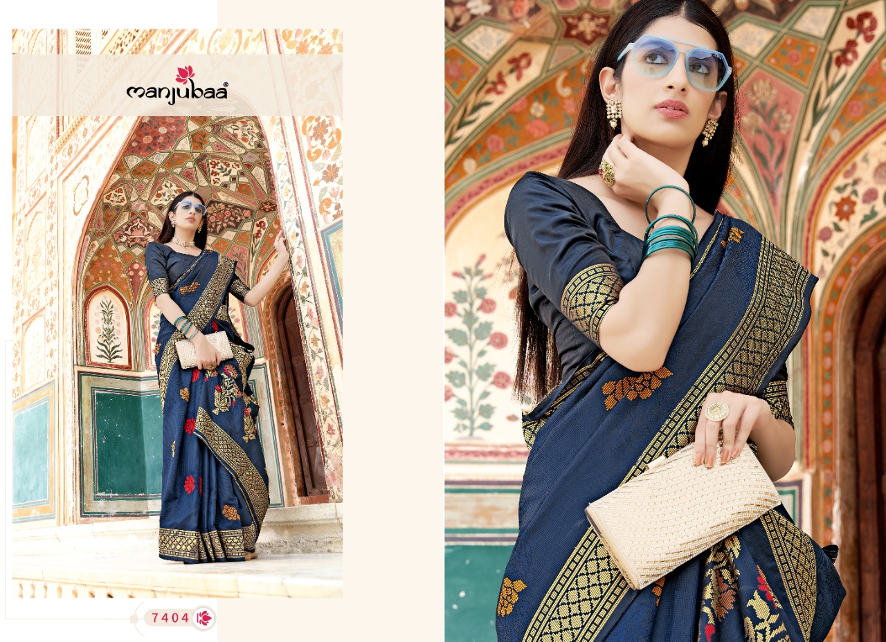 manjubaa manorama silk 7401 to 7406  Soft Banarasi Satin Silk regal look saree catalog