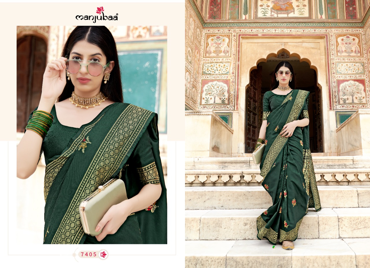 manjubaa manorama silk 7401 to 7406  Soft Banarasi Satin Silk regal look saree catalog