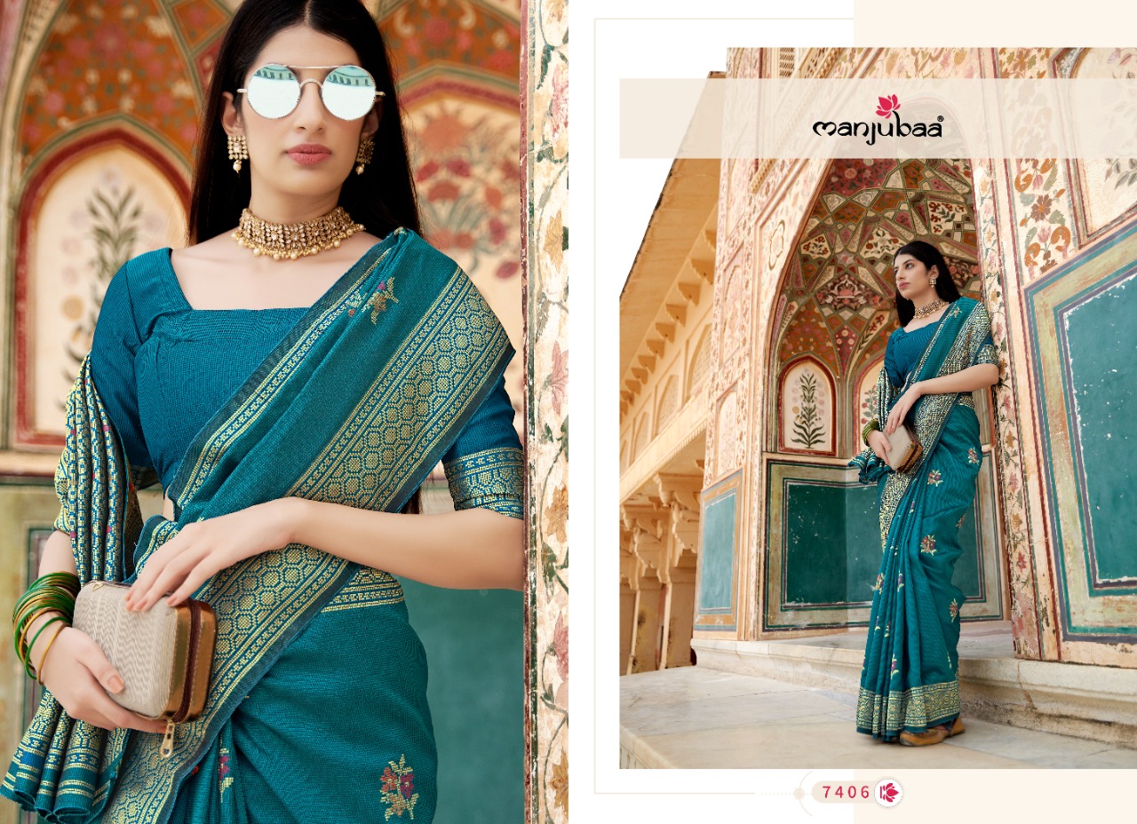 manjubaa manorama silk 7401 to 7406  Soft Banarasi Satin Silk regal look saree catalog