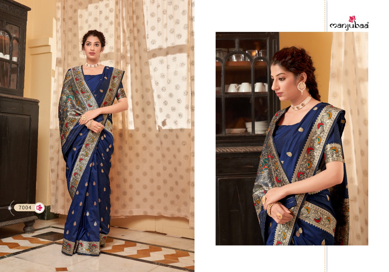 manjubaa mohak paithani silk Series 7001 To 7006  Banarasi Soft silk regal look saree catalog